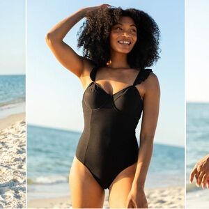 Pink Lily Ride The Waves Black Ruffle Shoulder One Piece Swimsuit New